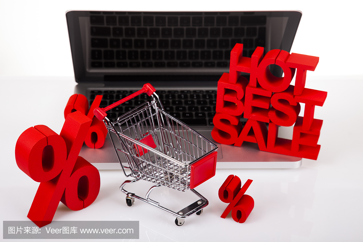 電腦,白色背景的網上購物概念